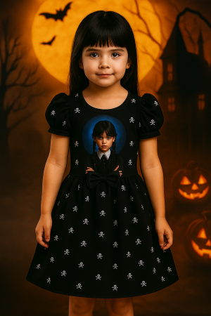 Fantasia Vestido Halloween Wandinha Estampada – Infantil e Adulto