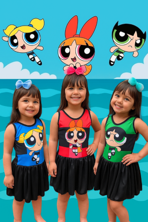 Kit 3 Vestidos Meninas Super Poderosas Infantil Adulto Docinho Florzinha Lindinha